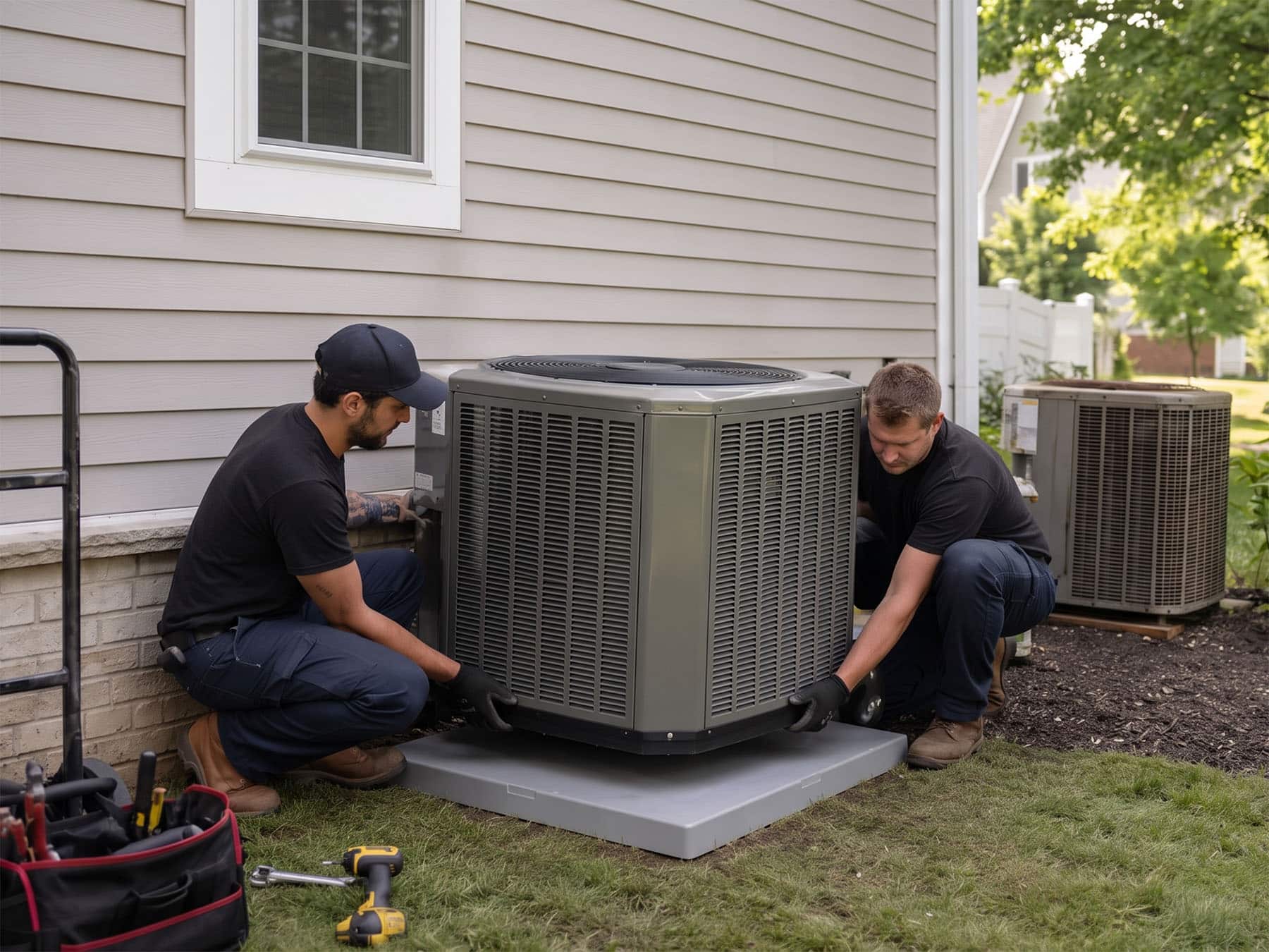 two tech replacing old AC unit for a new one