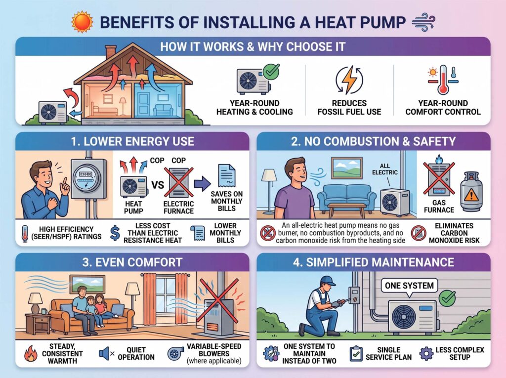 infographic showing the benefits of installing a heat pump